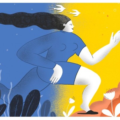 Ilustração de uma mulher com roupa azul num fundo azul e amarelo com plantas