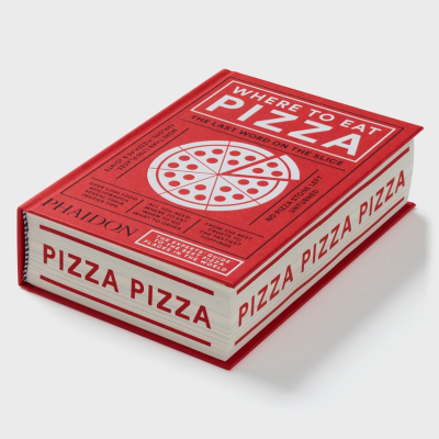 Livro vermelho com título WHERE TO EAT PIZZA e imagem de pizza