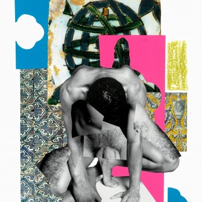 Colagem artística com figura humana e padrões de azulejos coloridos