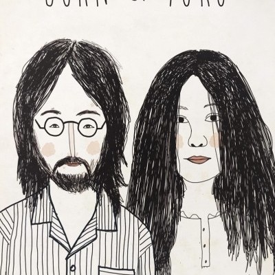 Ilustração de John e Yoko com cabelo comprido, óculos e vestuário simples