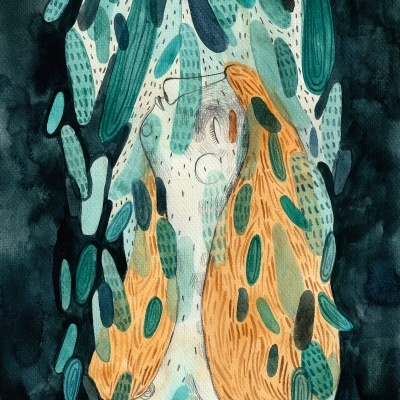 Ilustração abstracta de corpo humano com formas verdes e azuis em fundo escuro