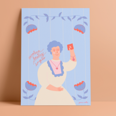 Poster ilustrado de mulher com vestido branco e azul segurando cartão vermelho com X em fundo azul claro com flores