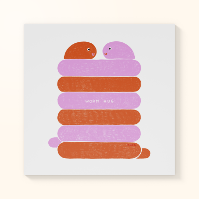 Ilustração de duas minhocas coloridas com texto WORM HUG num cartaz branco