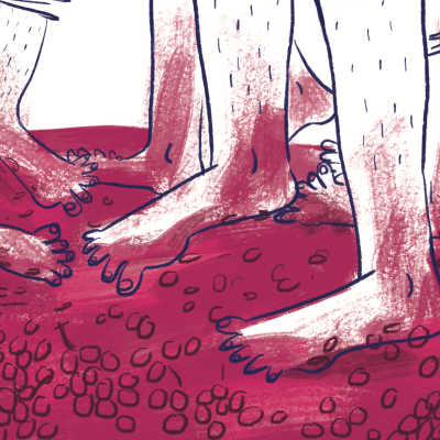 Ilustração de pés nus sobre chão vermelho com pedras ou uvas