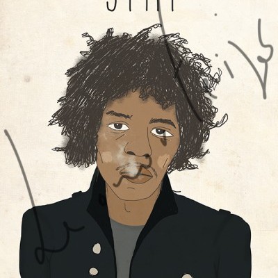 Desenho digital de homem com cabelo encaracolado, casaco preto e texto JIMI no topo