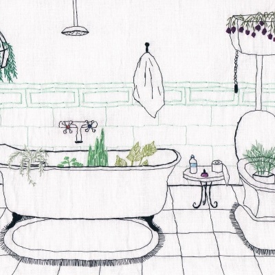 Ilustração de casa de banho com banheira, vaso sanitário, plantas e acessórios