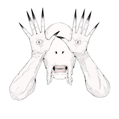 Desenho monocromático de criatura com olhos nas mãos e unhas afiadas