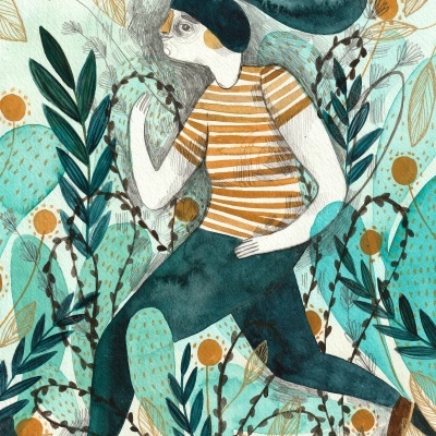 Ilustração de pessoa com roupa listrada entre folhas e plantas coloridas