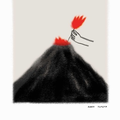 Ilustração de vulcão com lava e mãos segurando lava