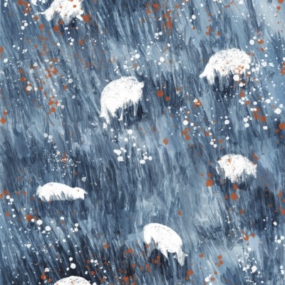 Pano com padrão de ovelhas brancas em fundo azul com manchas coloridas.