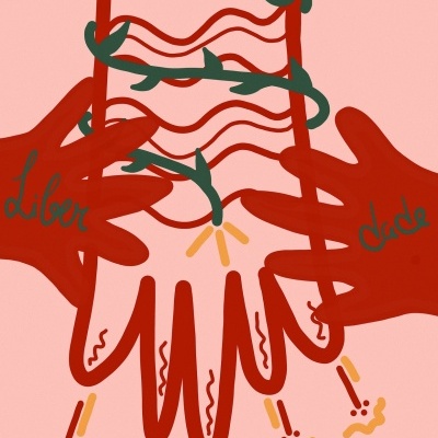 Ilustração digital de mãos castanhas e folhas verdes sobre fundo rosa