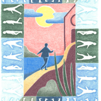 Desenho colorido com moldura de silhuetas humanas brancas e figura no centro caminhando junto a paisagem com sol e mar