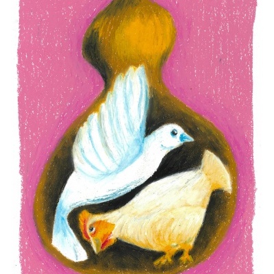 Pintura de duas aves dentro de forma arredondada castanha sobre fundo rosa