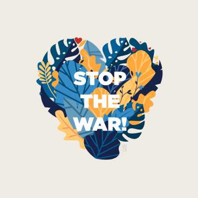 Ilustração de coração formado por folhas coloridas com texto STOP THE WAR!