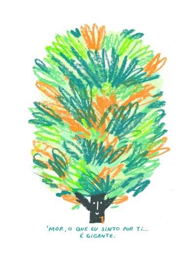 Desenho colorido de árvore com rosto e texto em português