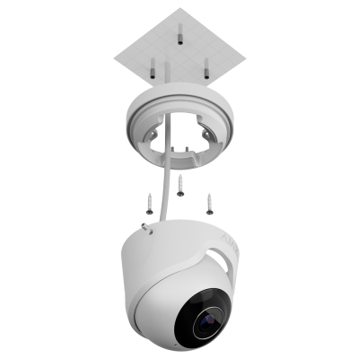 Câmara de vigilância branca para montagem de teto com lente preta e suporte