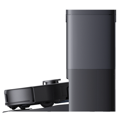 aspirador robô preto com base de carregamento preta