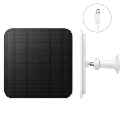 Painel solar quadrado preto com estrutura e suporte brancos e cabo USB-C.