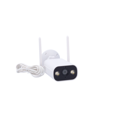 câmara de segurança wireless branca com antenas e suporte