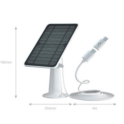 Painel solar retangular preto com base branca e cabo USB-C branco