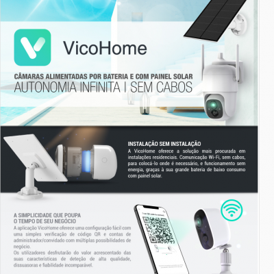 Anúncio de câmaras VicoHome com painel solar e bateria, explicação de instalação sem cabos e app móvel