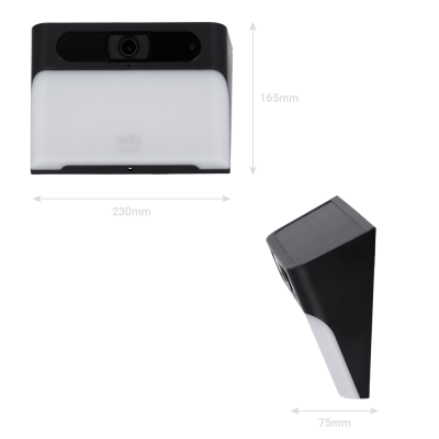 Câmara de segurança eufy branca e preta com dimensões 168x230x75 mm