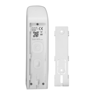 Dispositivo branco com dois botões e código QR ao lado de peça removível