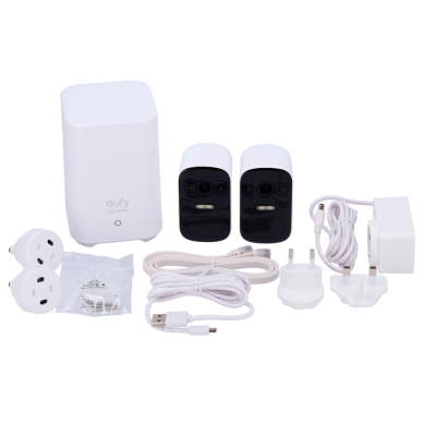 kit de segurança com duas câmaras e acessórios em fundo branco