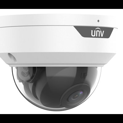 Câmara de vigilância dome branca com cúpula transparente e logotipo UNV
