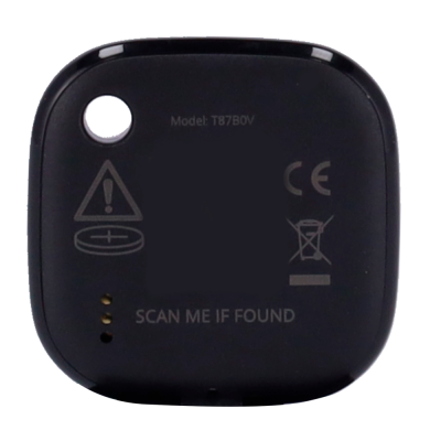 Dispositivo preto quadrado com texto e símbolos de bateria e reciclagem