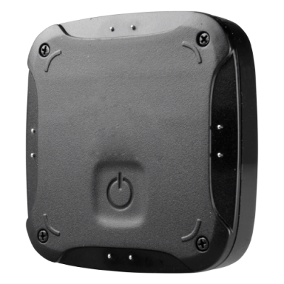 Dispositivo eletrônico preto compacto com símbolo de power no centro