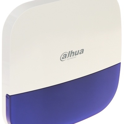 Dispositivo eletrónico com canto arredondado branco e azul translúcido com texto Dahua Technology