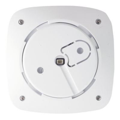 Dispositivo quadrado branco com área circular central e quatro parafusos nos cantos