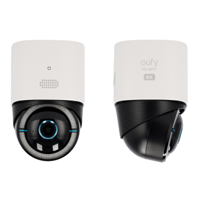 Câmara de segurança Eufy Security 4K branca com lente preta e detalhes azuis