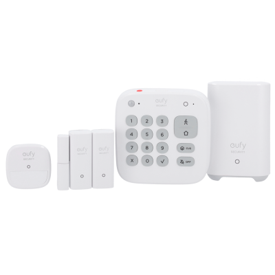 Sistema de segurança doméstico branco da eufy com teclado e sensores
