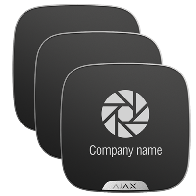 Três dispositivos quadrados pretos com logótipos e texto Company name e AJAX