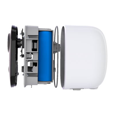 Filtro de água branco desmontado em várias peças com componente azul