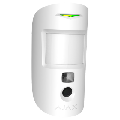 sensor de movimento branco com luz verde e lente circular