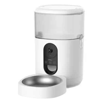 Dispenser automático branco para comida de animais com tigela metálica e reservatório transparente