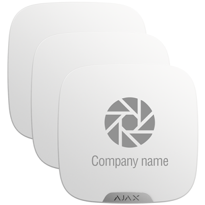 Dispositivos brancos quadrados com logótipo e texto 'Company name' e 'AJAX'