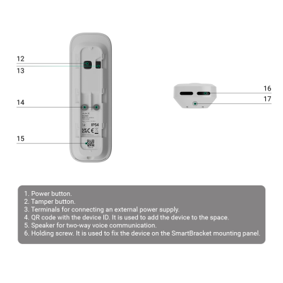 Dispositivo branco retangular com texto AJAX DoorBell, IP54, UK CA, CE e código QR visíveis na parte traseira e lateral em fundo branco