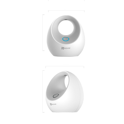 Dispositivo eletrônico branco EZVIZ com formato arredondado e botão azul.