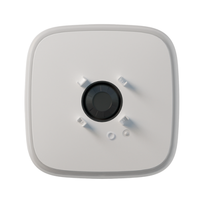 Dispositivo quadrado branco com lente preta central e suportes brancos