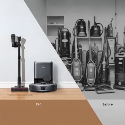 Comparação entre aspirador moderno eufy E20 e aspiradores antigos em prateleira