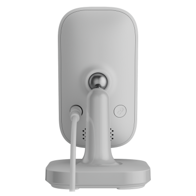 Câmara de vigilância branca vista de trás com suporte e cabo