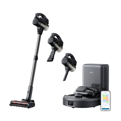 Conjunto de aspiradores e acessórios em cinzento escuro com base Eufy e app no telemóvel