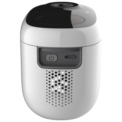 Dispositivo electrónico pequeno branco e preto com botão e ventilação