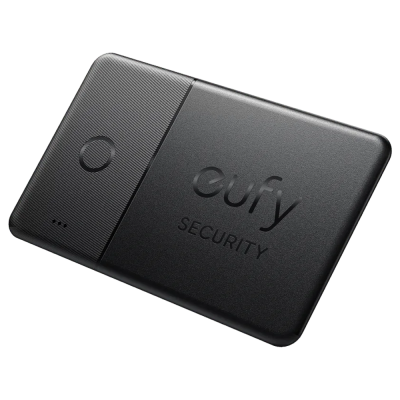 Dispositivo de segurança preto da Eufy com botão circular e texto eufy SECURITY