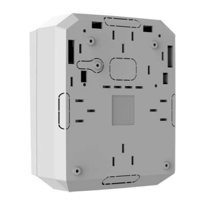 Caixa plástica branca com aberturas e parafusos visíveis