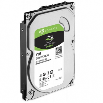 Disco rígido Seagate Barracuda 1TB com etiqueta branca e corpo metálico prateado